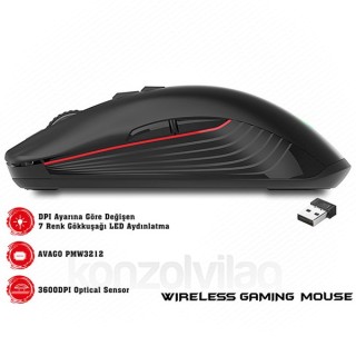 Rampage Egér Vezeték Nélküli Gamer - SMX-R20 Specter (Avago 3212, Tölthető akku; 3600DPI, 5 gomb, makro, LED, PC