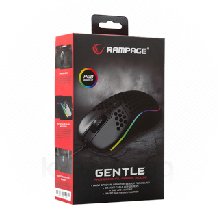 Rampage Egér Gamer - SMX-R85 GENTLE (6400DPI, 6 gomb, makro, RGB LED, harisnyázott kábel, fekete) PC