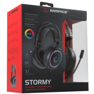 Rampage Fejhallgató - STORMY RGB (7.1, mikrofon, USB, hangerőszabályzó, nagy-párnás, 2m kábel, fekete) PC